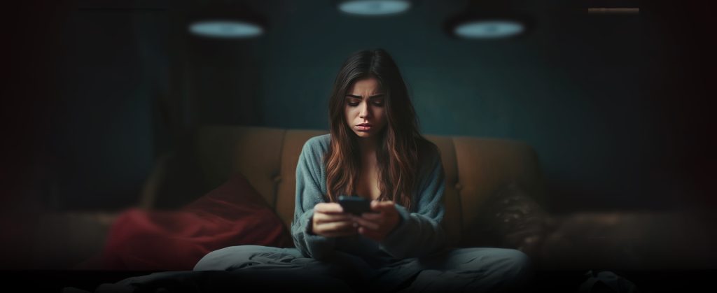 Hero/header image: Mental Health Crisis Services: A young person sits on a couch in a darkened room appearing worried looking at their mobile phone